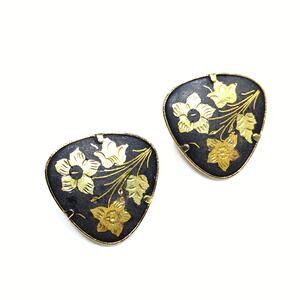 Vintage Spanish Damascene Clip Earrings, 1940s Gold Inlay Floral Black Jewelry
